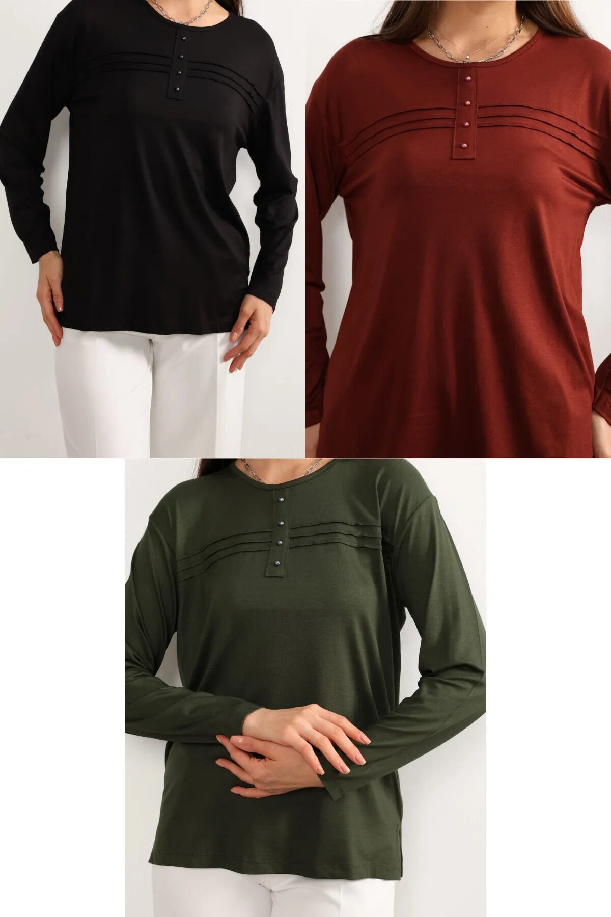 3 lü Paket Kadın Likralı Lacivert Mor Haki Anne Penye Bluz Yeni Sezon Çizgili Şeritli Siyah-Kiremit-Haki - 5XL