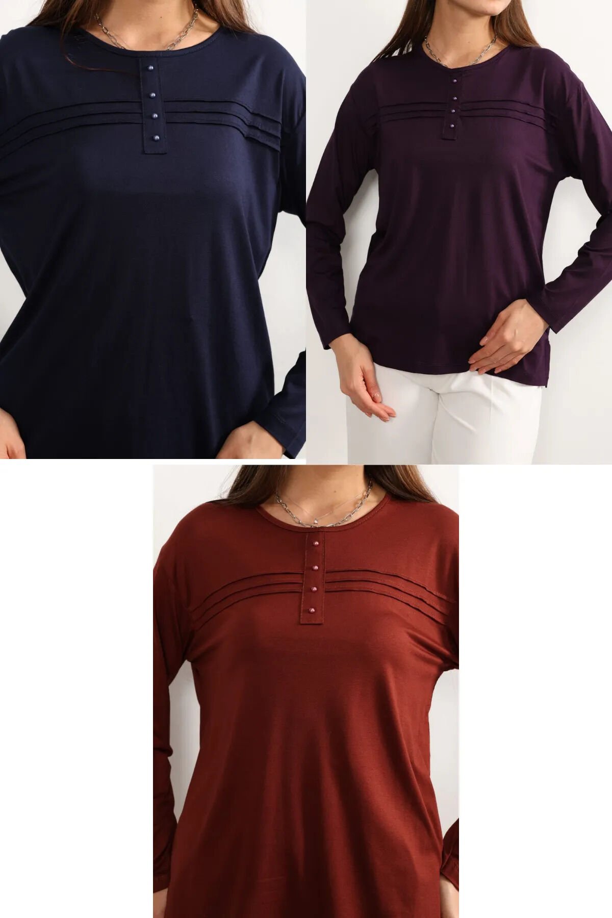 3 lü Paket Kadın Likralı Lacivert Mor Haki Anne Penye Bluz Yeni Sezon Çizgili Şeritli Lacivert-Mor-Kiremit - 5XL