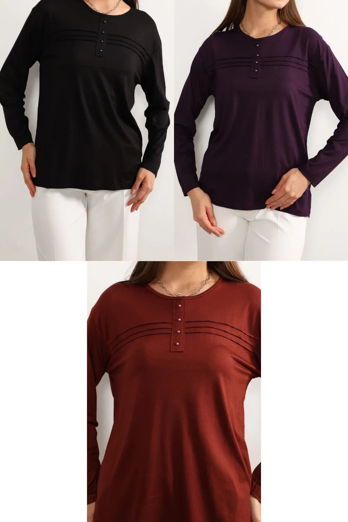 3 lü Paket Kadın Likralı Lacivert Mor Haki Anne Penye Bluz Yeni Sezon Çizgili Şeritli Siyah-Mor-Kiremit - 5XL