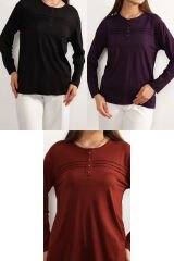 3 lü Paket Kadın Likralı Lacivert Mor Haki Anne Penye Bluz Yeni Sezon Çizgili Şeritli Siyah-Mor-Kiremit - 5XL