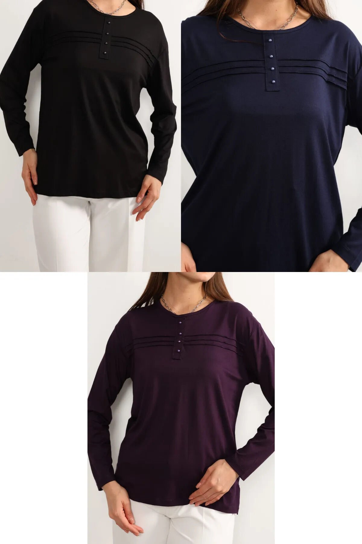 3 lü Paket Kadın Likralı Lacivert Mor Haki Anne Penye Bluz Yeni Sezon Çizgili Şeritli Siyah-Lacivert-Mor - 5XL