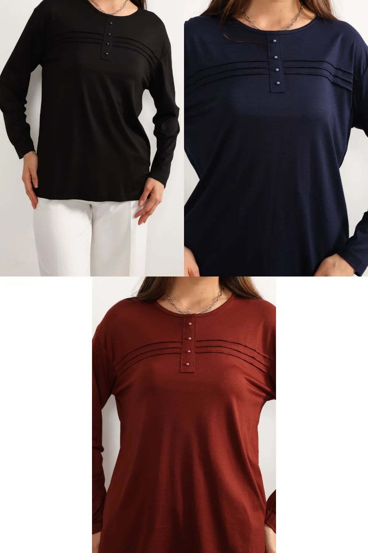 3 lü Paket Kadın Likralı Lacivert Mor Haki Anne Penye Bluz Yeni Sezon Çizgili Şeritli Siyah-Lacivert-Kiremit - 5XL