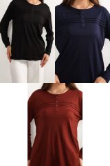 3 lü Paket Kadın Likralı Lacivert Mor Haki Anne Penye Bluz Yeni Sezon Çizgili Şeritli Siyah-Lacivert-Kiremit - 5XL