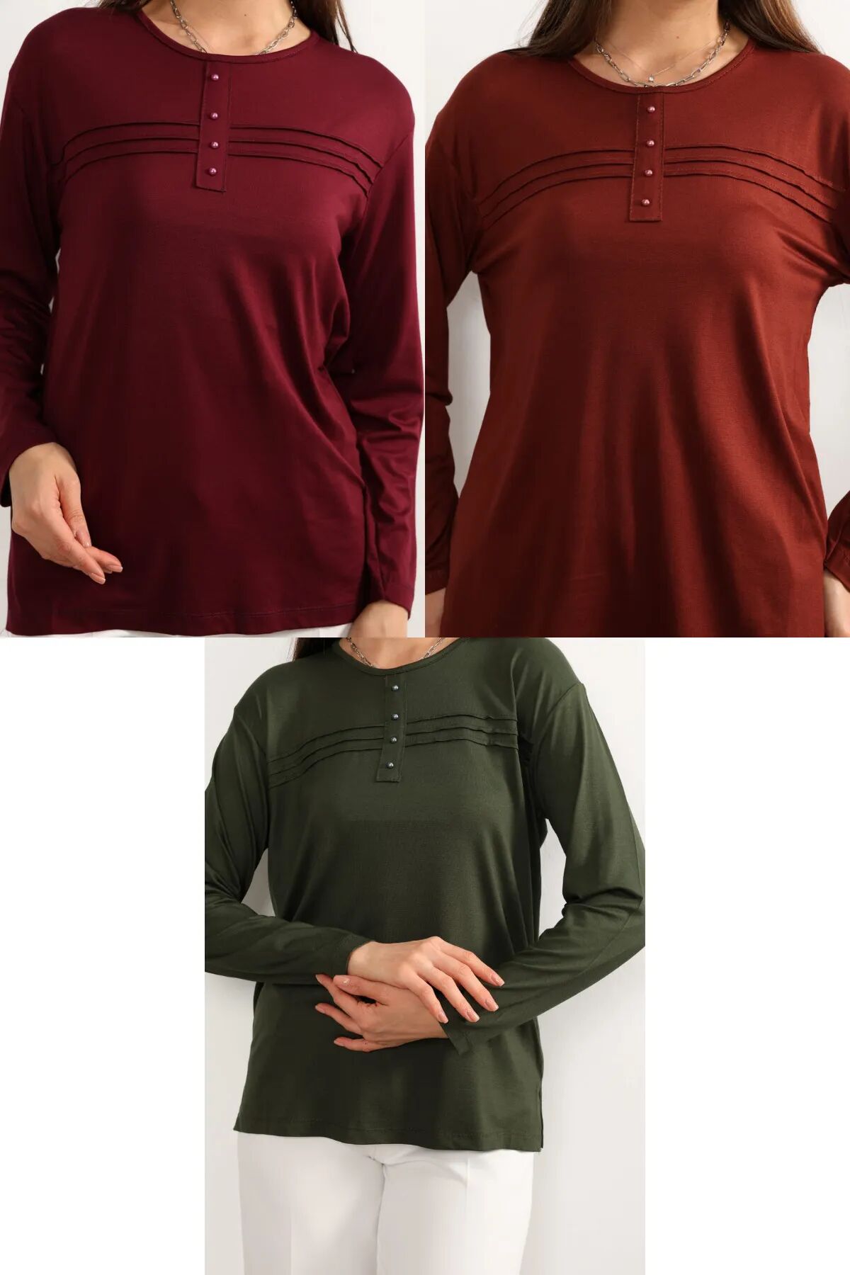 3 lü Paket Kadın Likralı Lacivert Mor Haki Anne Penye Bluz Yeni Sezon Çizgili Şeritli Bordo-Kiremit-Haki - 5XL