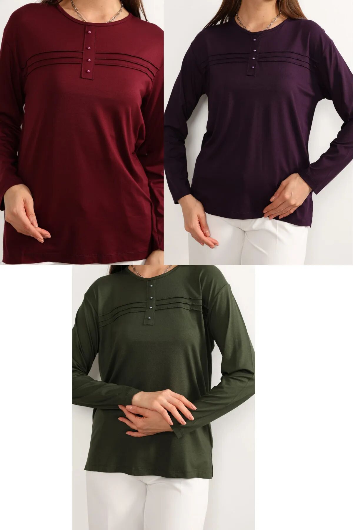 3 lü Paket Kadın Likralı Lacivert Mor Haki Anne Penye Bluz Yeni Sezon Çizgili Şeritli Bordo-Mor-Haki - 5XL