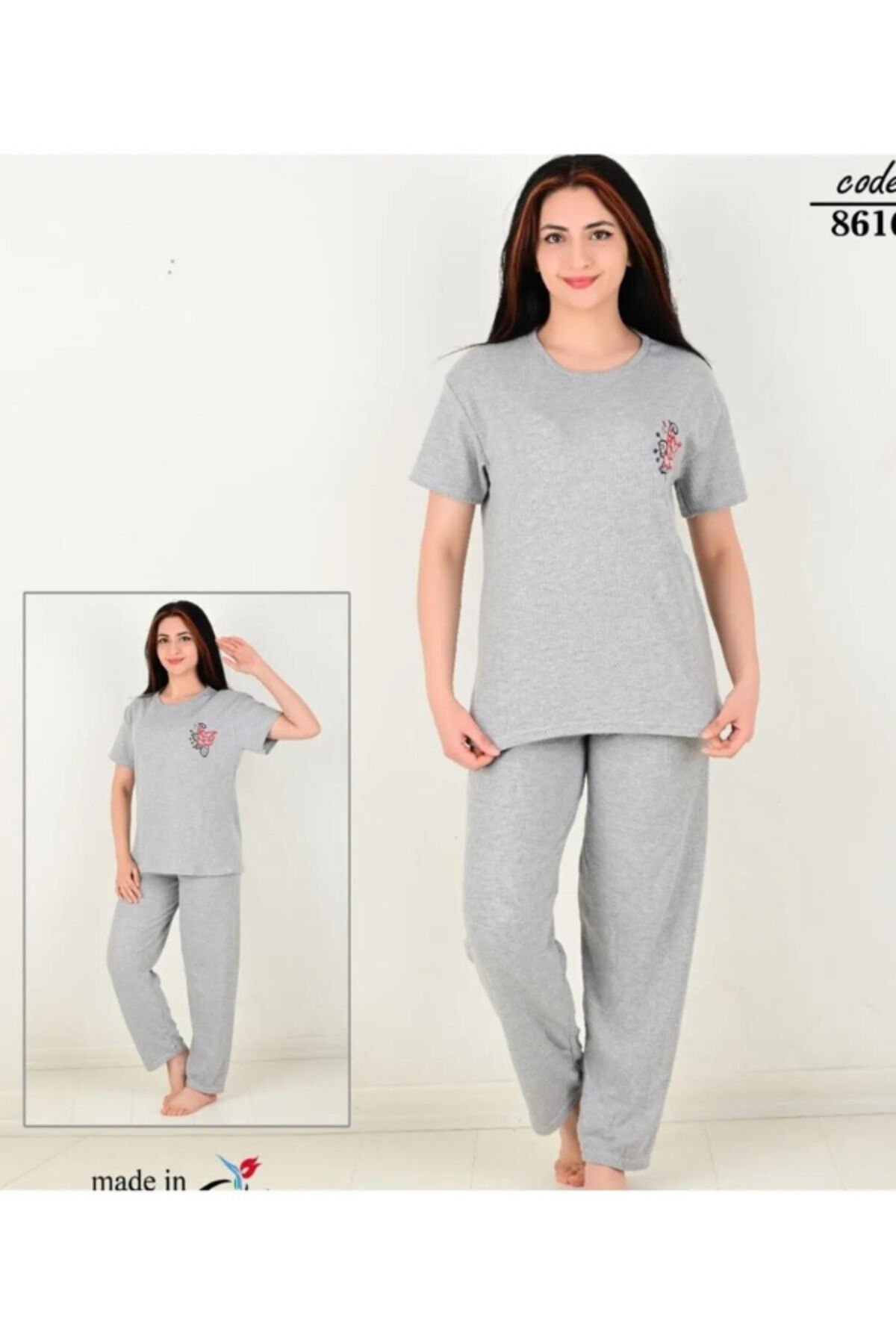 Kadın Genç Ve Orta Yaş Kısa Kollu Yazlık Mevsimlik Gecelik Gri Desenli Pijama Takımı Gri̇2 - L