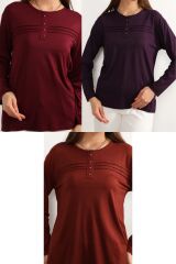 3 lü Paket Kadın Likralı Lacivert Mor Haki Anne Penye Bluz Yeni Sezon Çizgili Şeritli Bordo-Mor-Kiremit - 5XL