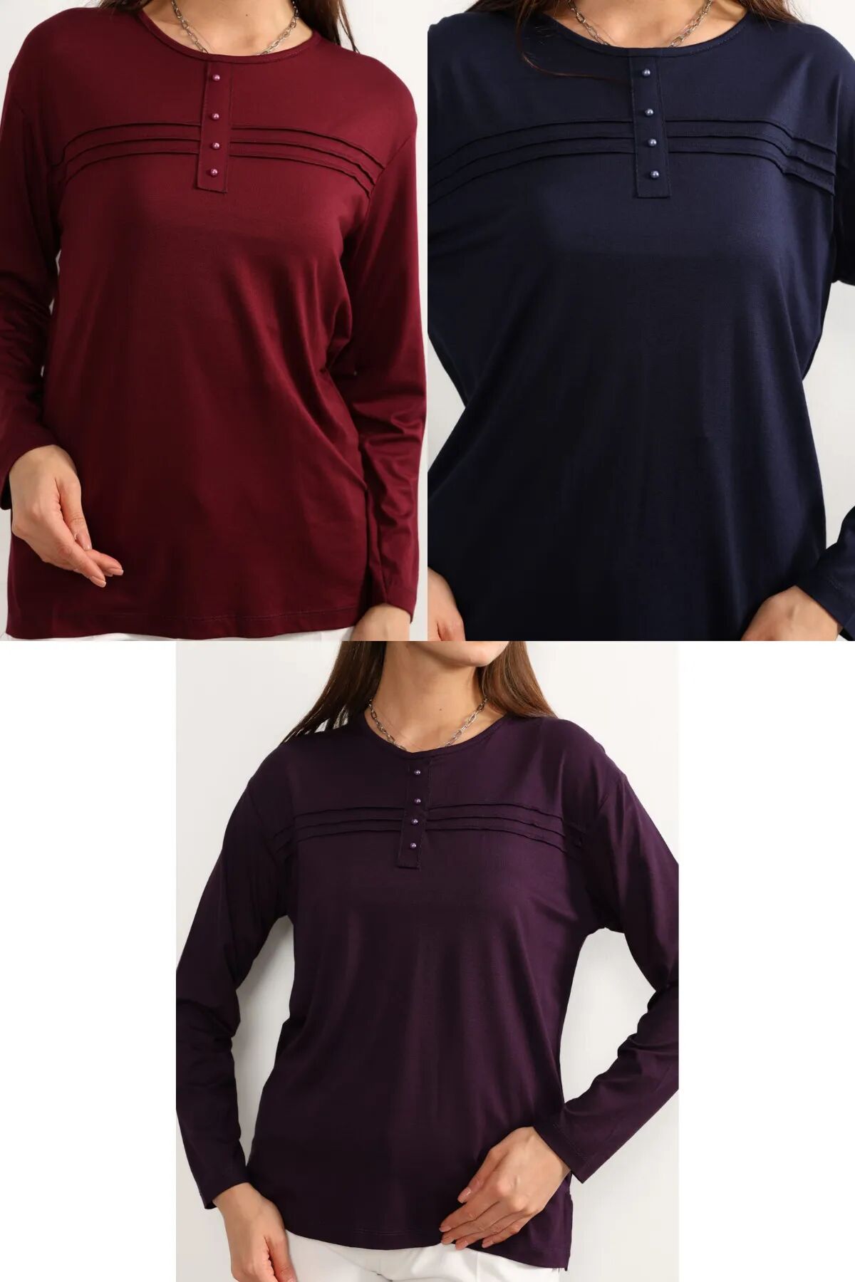 3 lü Paket Kadın Likralı Lacivert Mor Haki Anne Penye Bluz Yeni Sezon Çizgili Şeritli Bordo-Lacivert-Mor - 3XL