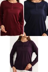 3 lü Paket Kadın Likralı Lacivert Mor Haki Anne Penye Bluz Yeni Sezon Çizgili Şeritli Bordo-Lacivert-Mor - 3XL