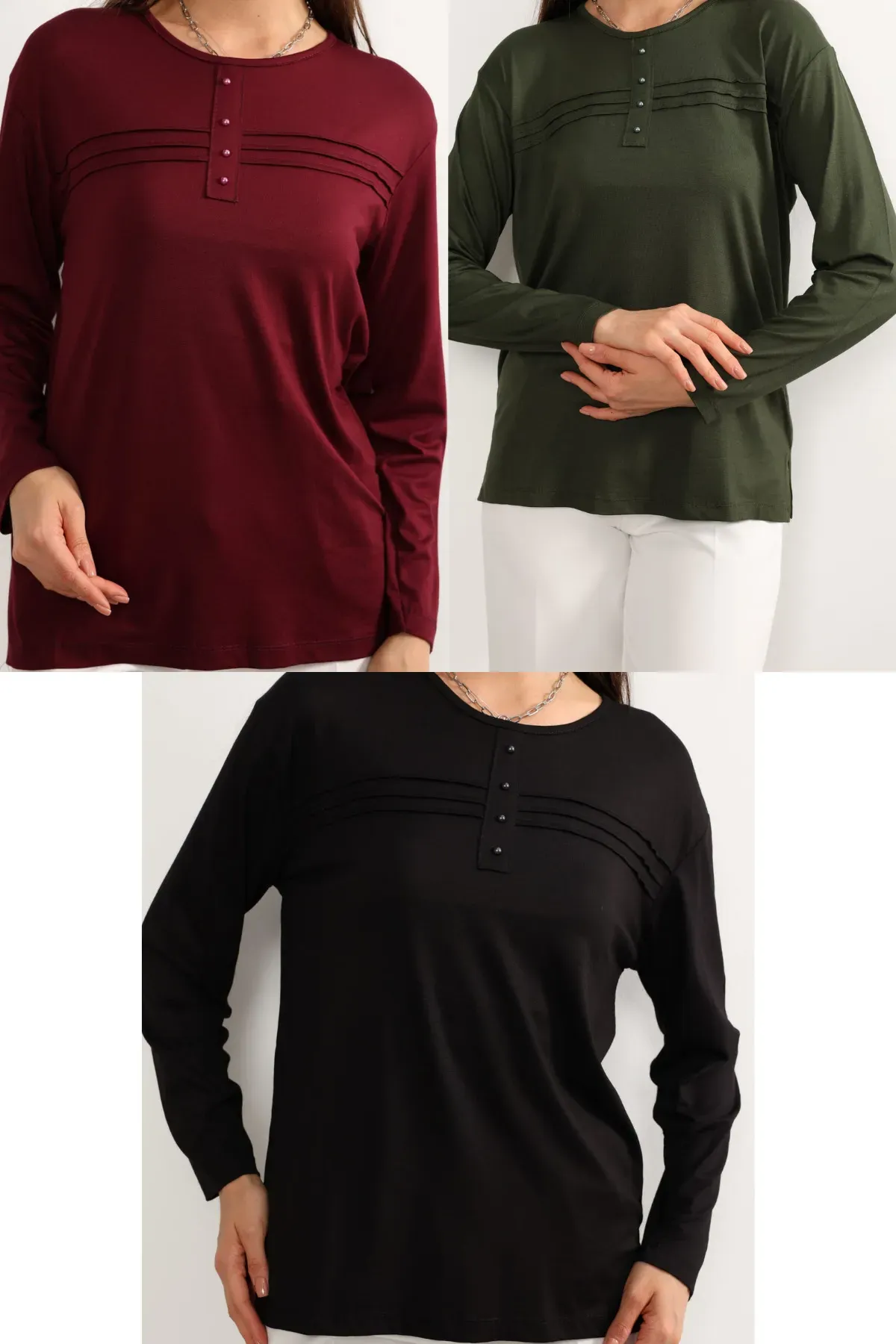 3 lü Paket Kadın Likralı Lacivert Mor Haki Anne Penye Bluz Yeni Sezon Çizgili Şeritli Bordo-Siyah-Haki - 5XL
