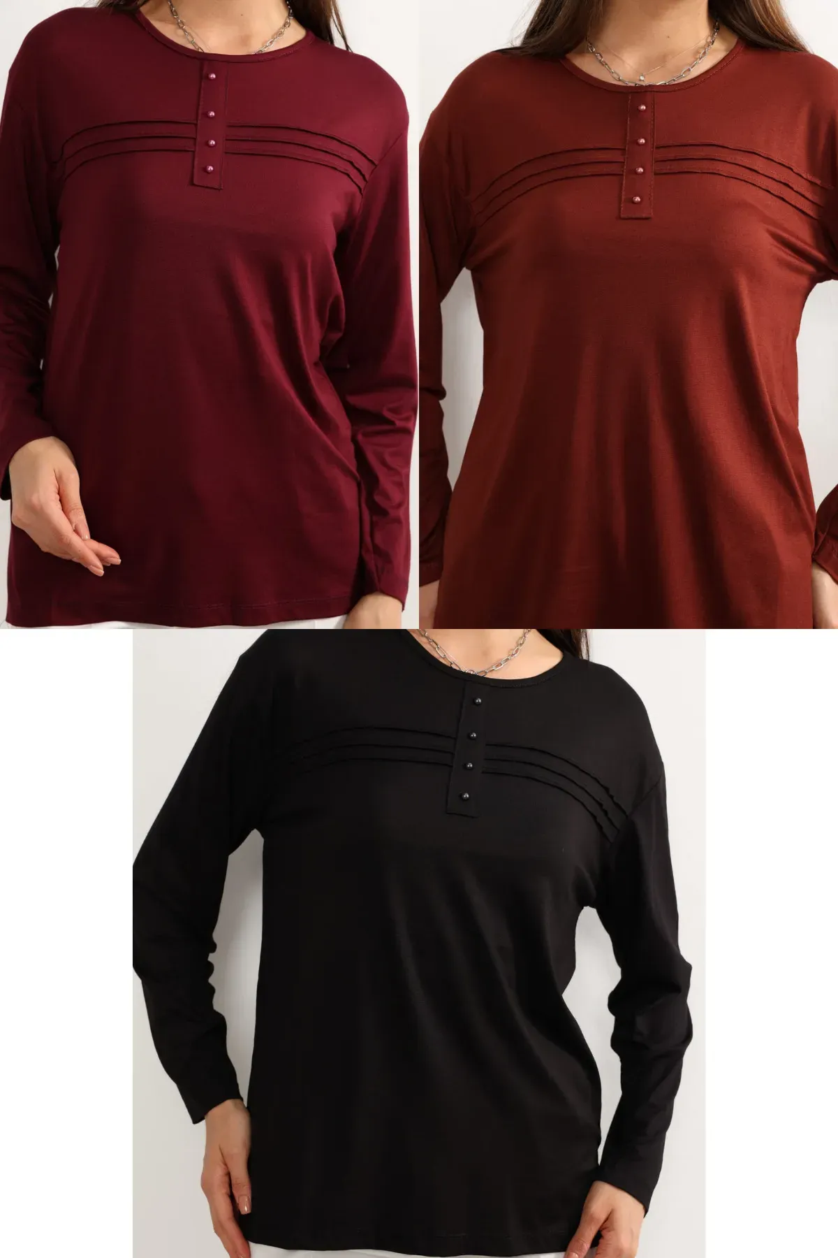 3 lü Paket Kadın Likralı Lacivert Mor Haki Anne Penye Bluz Yeni Sezon Çizgili Şeritli Bordo-Siyah-Kiremit - 5XL