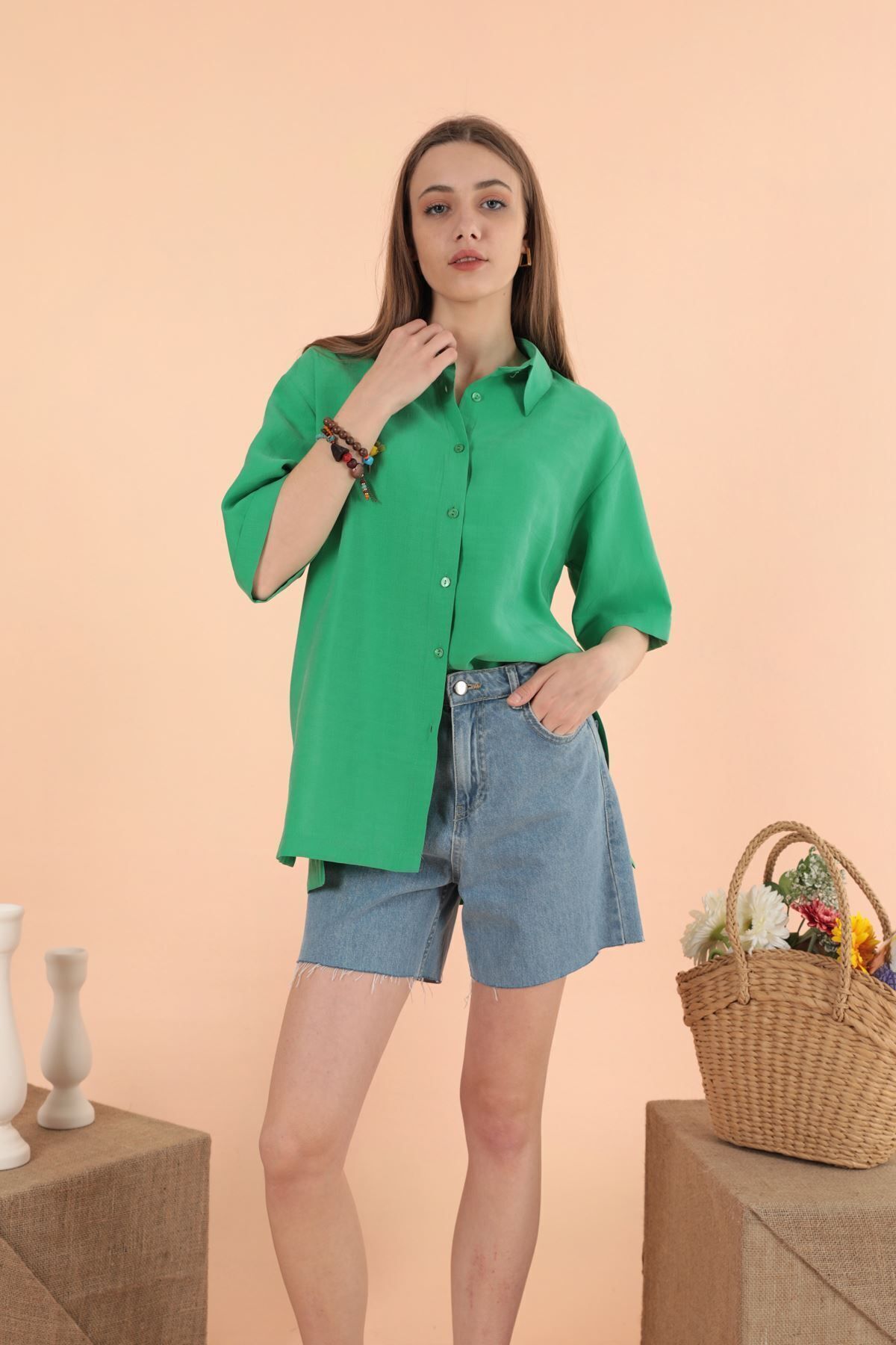 Modal Kumaş Kısa Kol Kadın Yeşil Gömlek Yeşi̇l - M