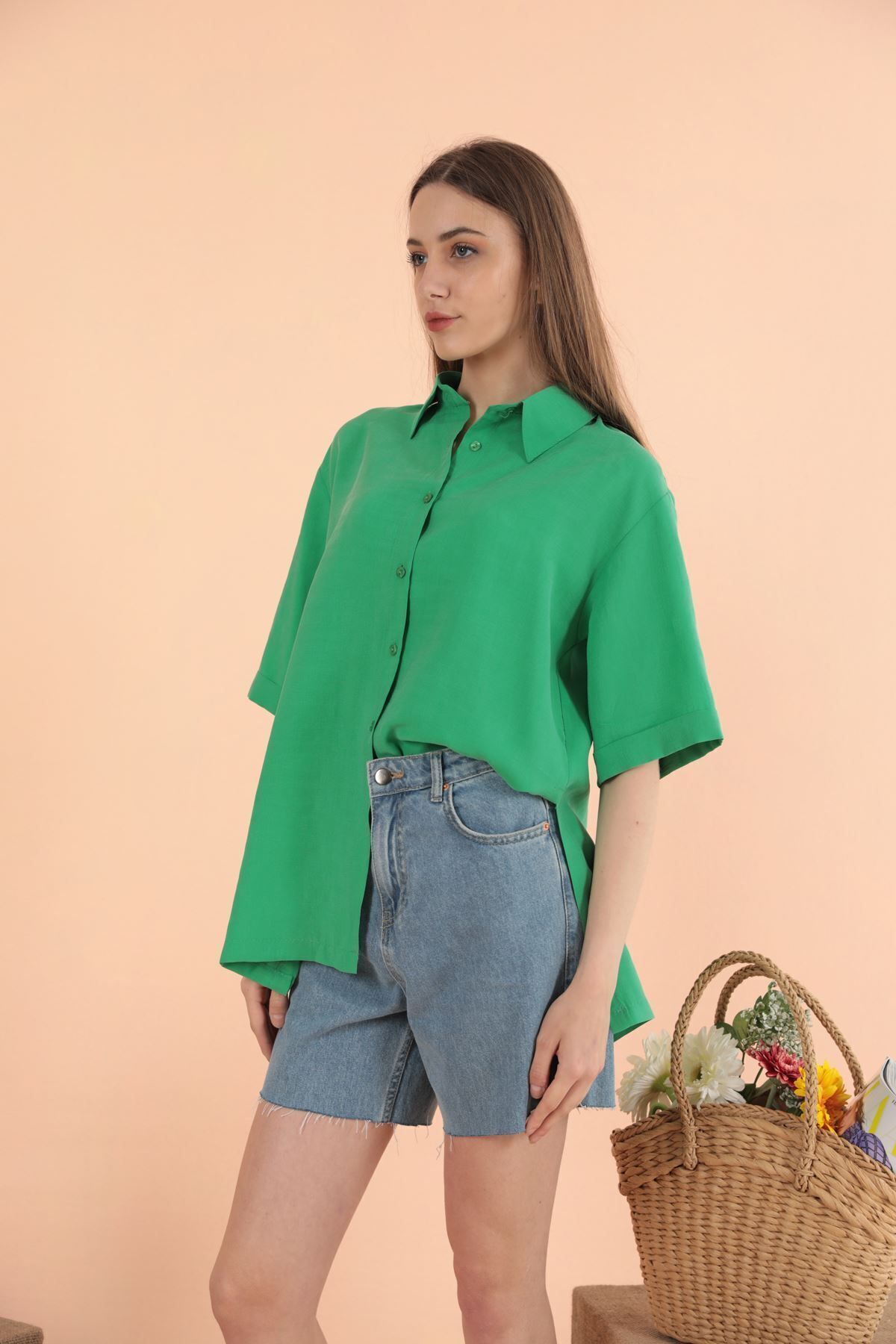 Modal Kumaş Kısa Kol Kadın Yeşil Gömlek Yeşi̇l - M