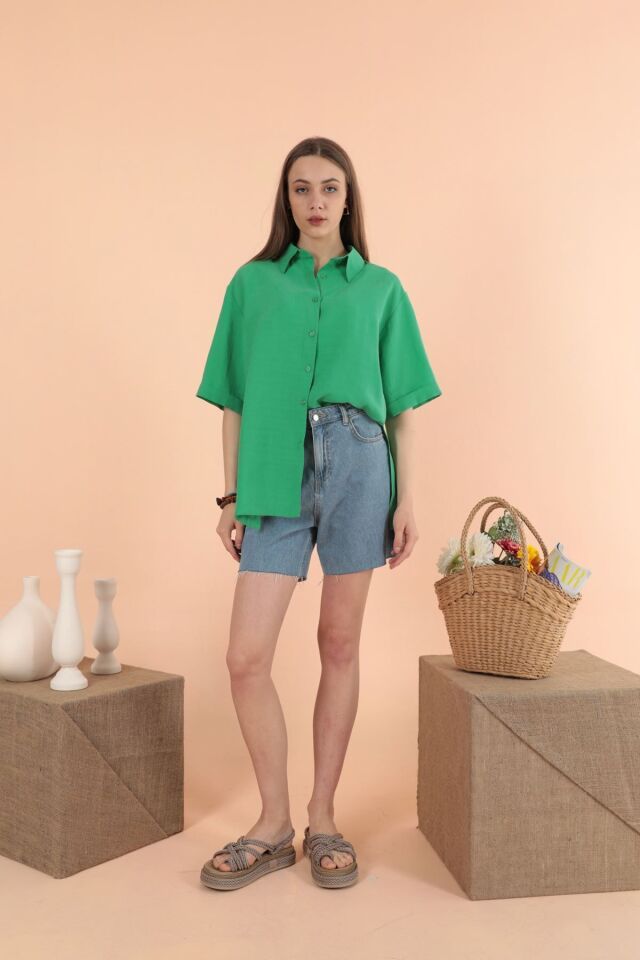 Modal Kumaş Kısa Kol Kadın Yeşil Gömlek Yeşi̇l - M
