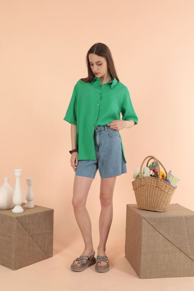 Modal Kumaş Kısa Kol Kadın Yeşil Gömlek Yeşi̇l - M