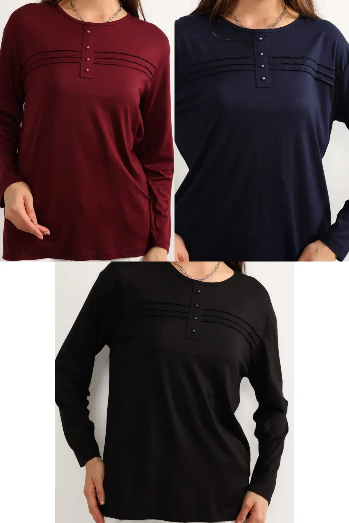 3 lü Paket Kadın Likralı Lacivert Mor Haki Anne Penye Bluz Yeni Sezon Çizgili Şeritli Çok Renkli - 5XL