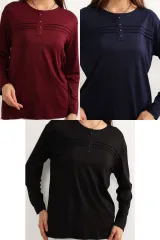 3 lü Paket Kadın Likralı Lacivert Mor Haki Anne Penye Bluz Yeni Sezon Çizgili Şeritli Çok Renkli - 5XL