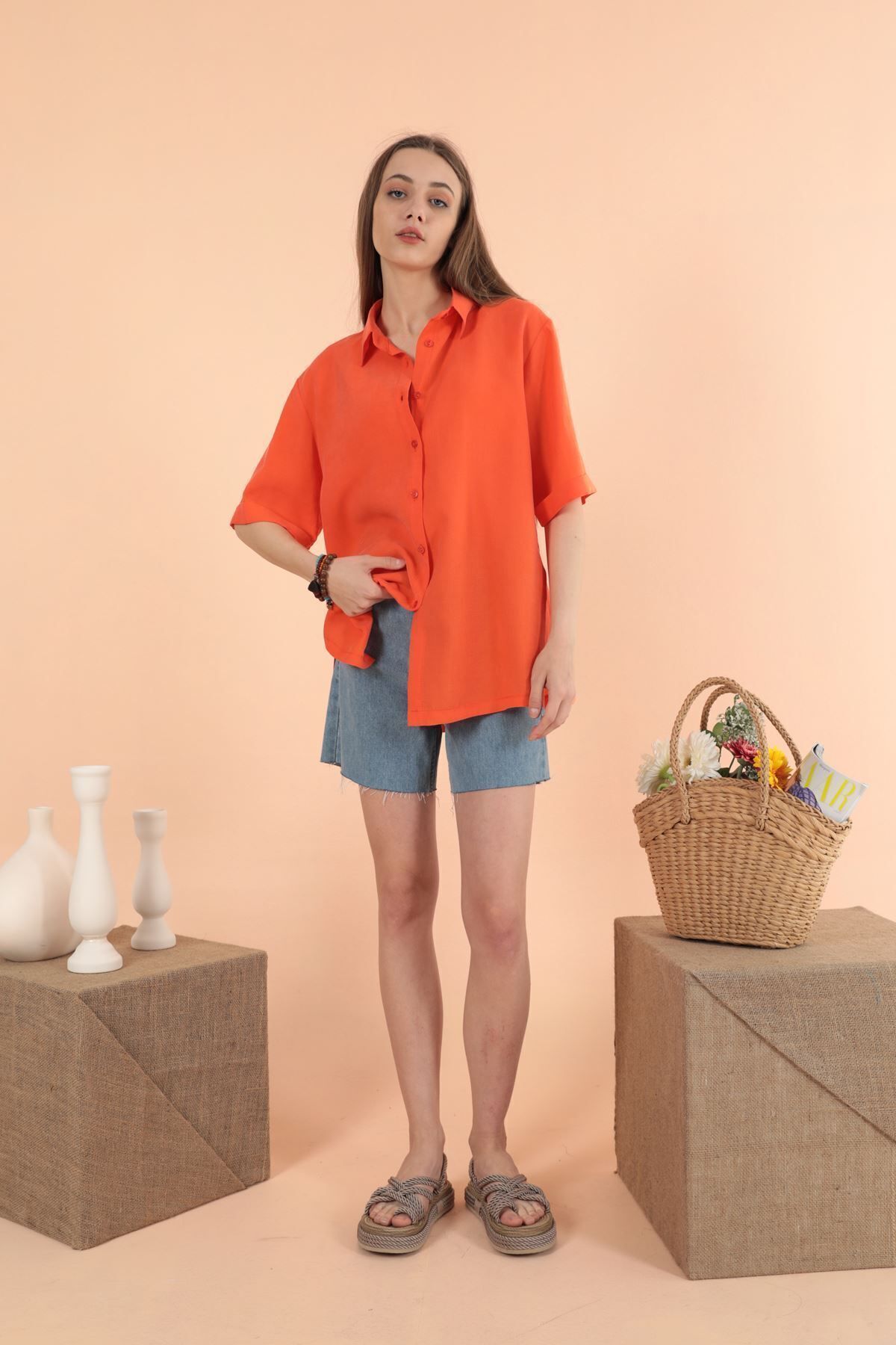 Modal Kumaş Kısa Kol Kadın Yeşil Gömlek Oranj - XL