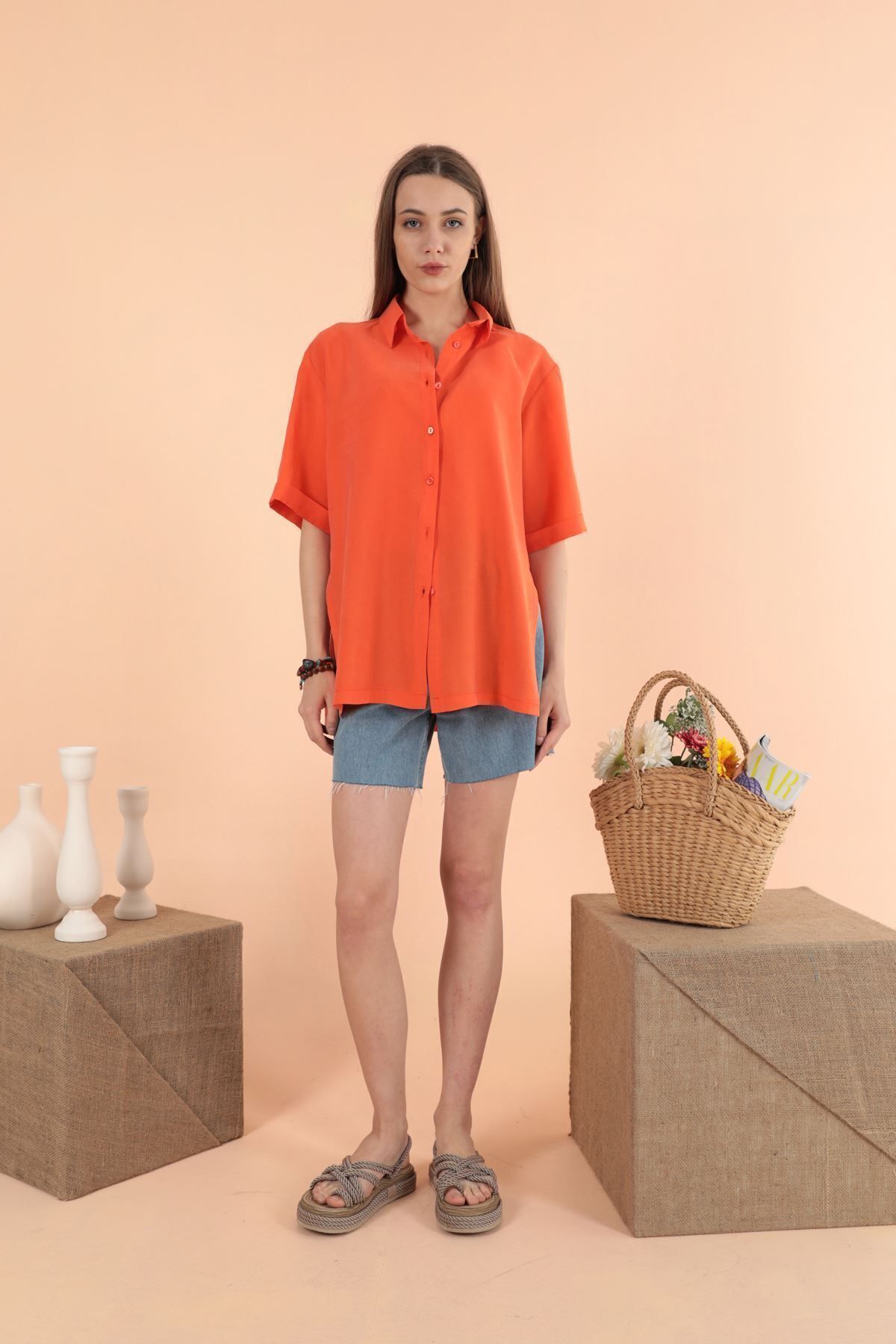 Modal Kumaş Kısa Kol Kadın Yeşil Gömlek Oranj - XL