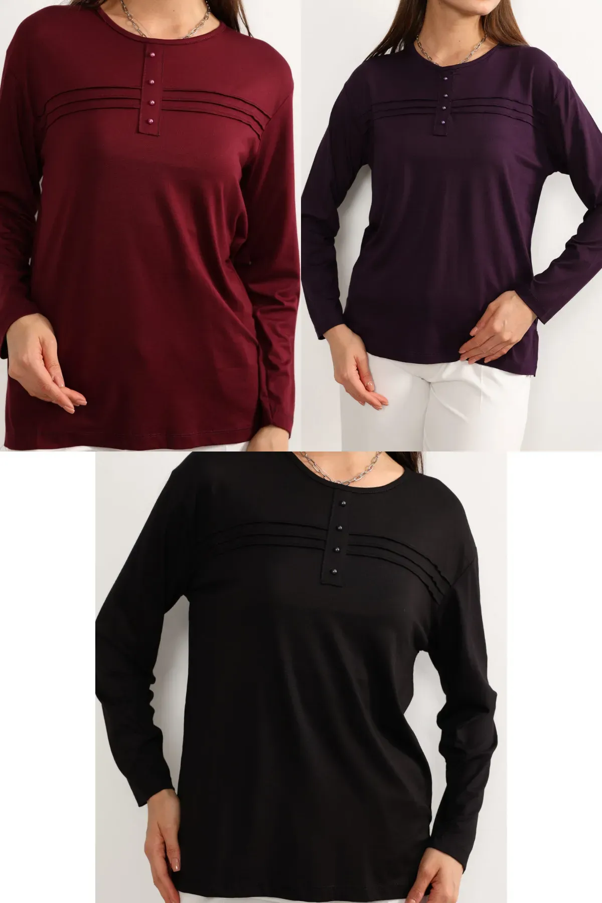 3 lü Paket Kadın Likralı Lacivert Mor Haki Anne Penye Bluz Yeni Sezon Çizgili Şeritli Bordo-Siyah-Mor - 5XL