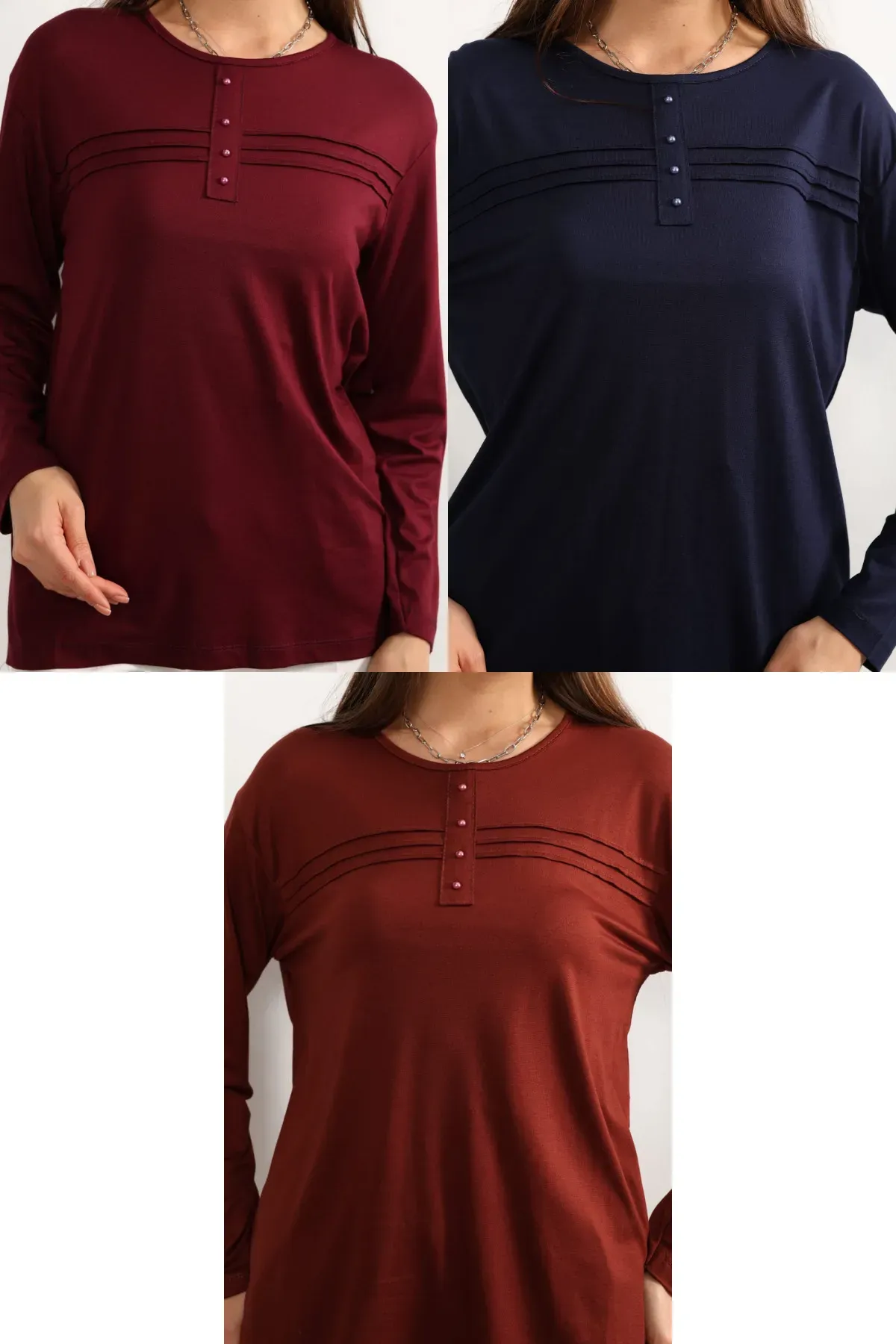 3 lü Paket Kadın Likralı Lacivert Mor Haki Anne Penye Bluz Yeni Sezon Çizgili Şeritli Bordo-Lacivert-Kiremit - 5XL