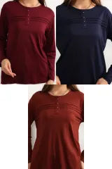 3 lü Paket Kadın Likralı Lacivert Mor Haki Anne Penye Bluz Yeni Sezon Çizgili Şeritli Bordo-Lacivert-Kiremit - 5XL