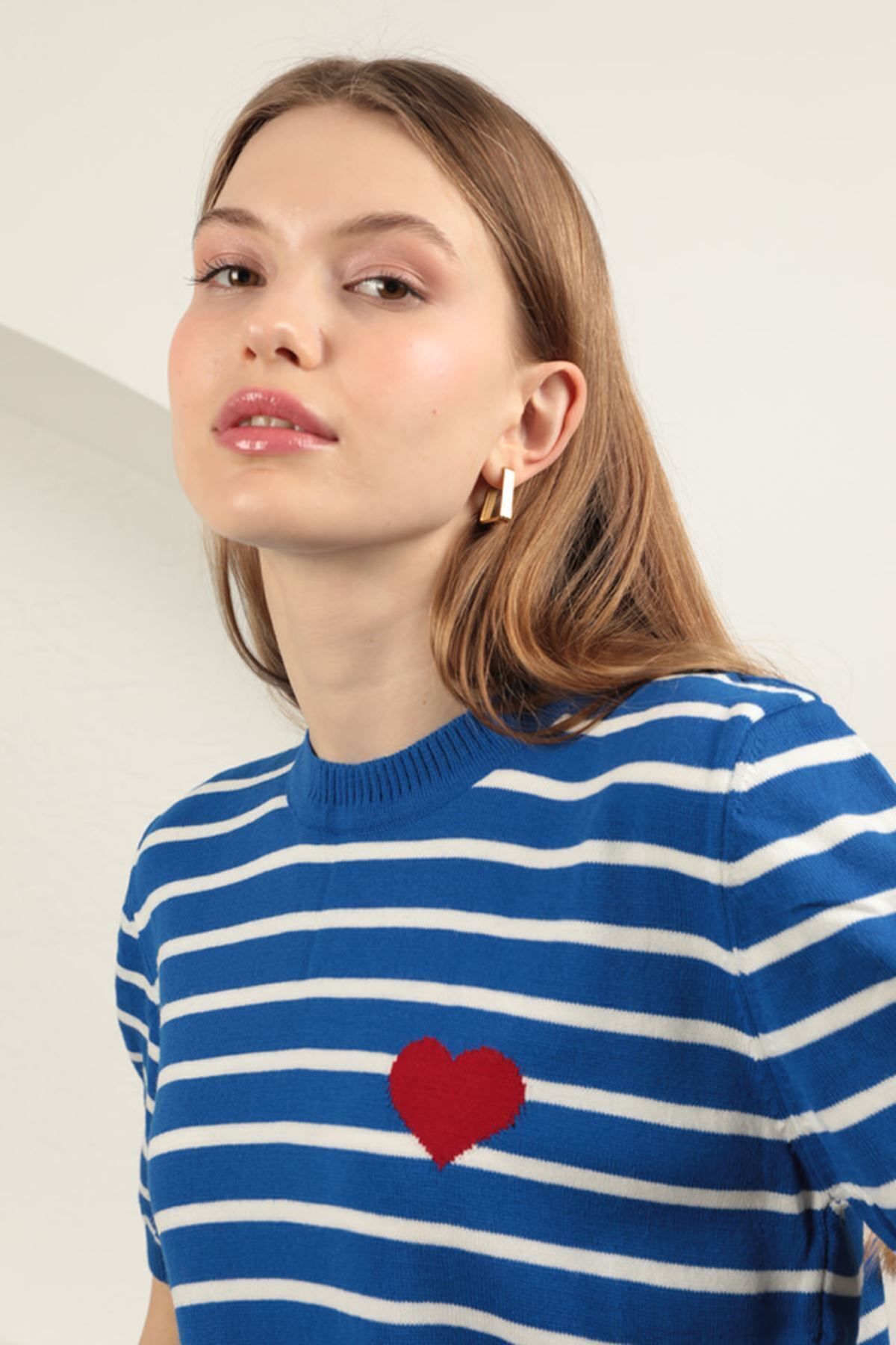 Triko Çizgili Kalp Desenli Kadın Kısa Kol Lacivert Bluz Laci̇vert - Standart