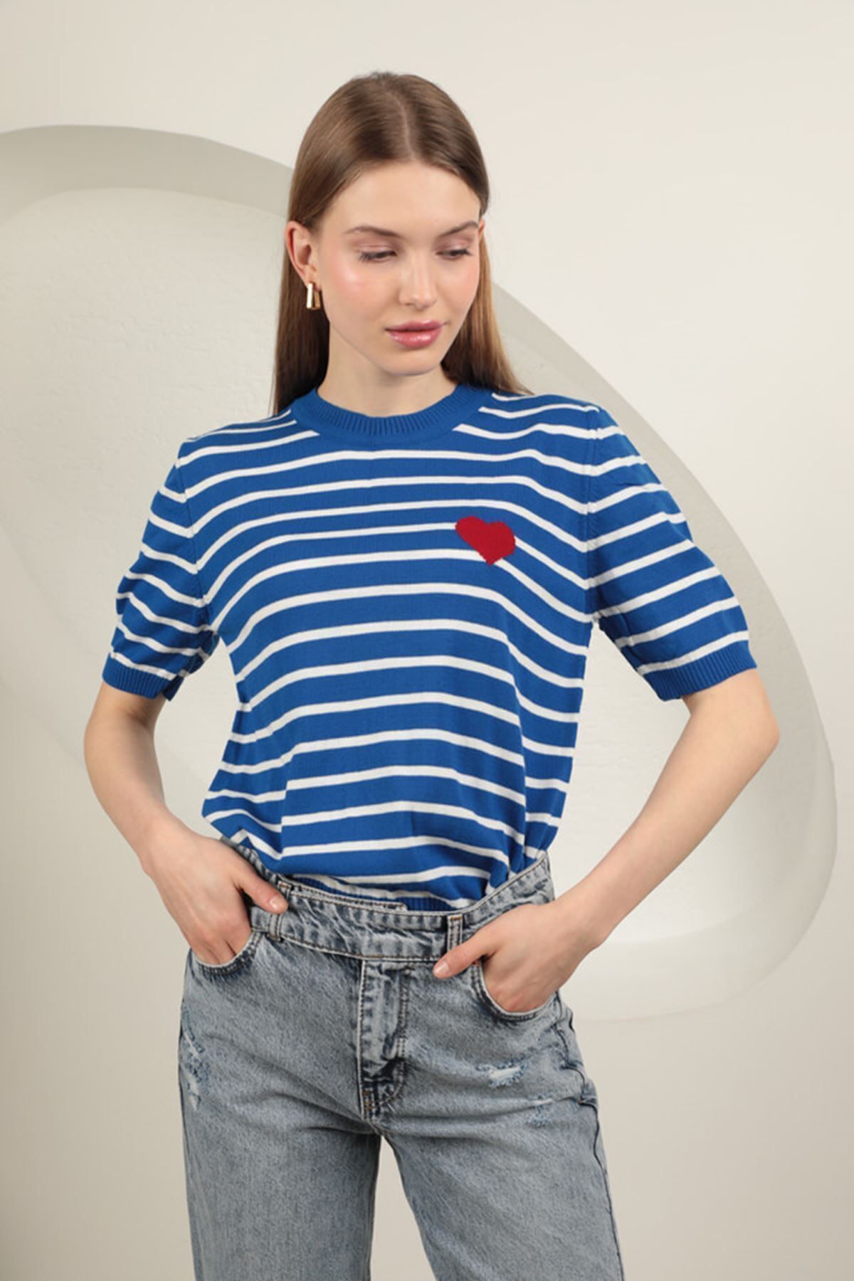 Triko Çizgili Kalp Desenli Kadın Kısa Kol Lacivert Bluz Laci̇vert - Standart